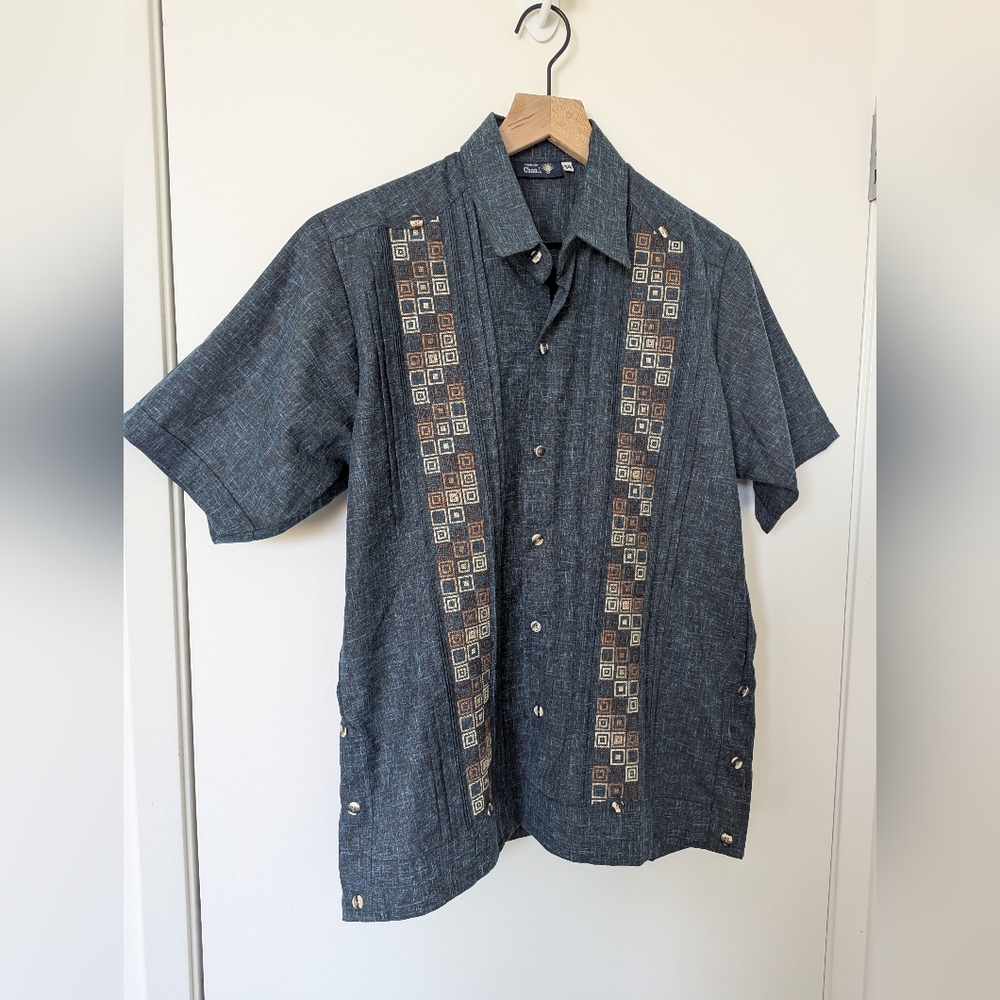 Mexican guayabera men's dress shirt - navy with brown design